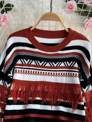 Geometric Striped Tassel  Knit Sweater
