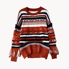 Geometric Striped Tassel  Knit Sweater