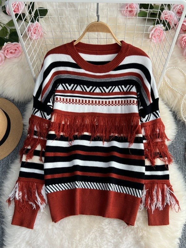 Geometric Striped Tassel  Knit Sweater