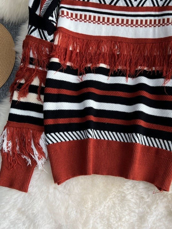 Geometric Striped Tassel  Knit Sweater