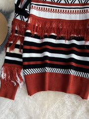 Geometric Striped Tassel  Knit Sweater