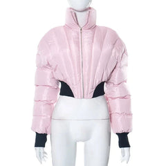 Glossy Stand Collar Zip-Up Bubble Jacket