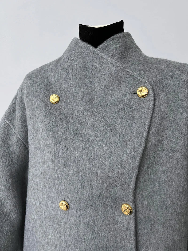 Gold Buttons Double-Breasted Woolen Coat