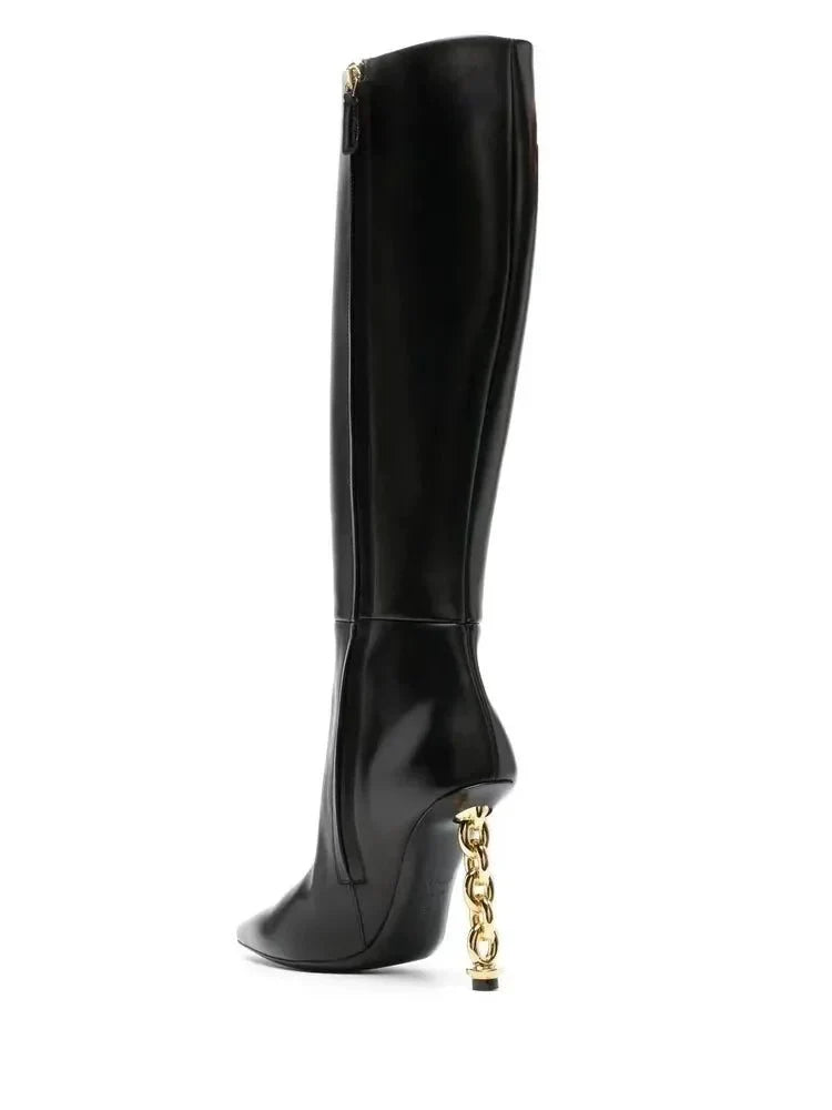 Gold Chain Heels Side Zip Boots