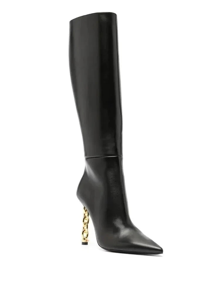 Gold Chain Heels Side Zip Boots