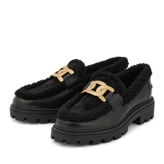 Gold Chain Plush Leather Shoes