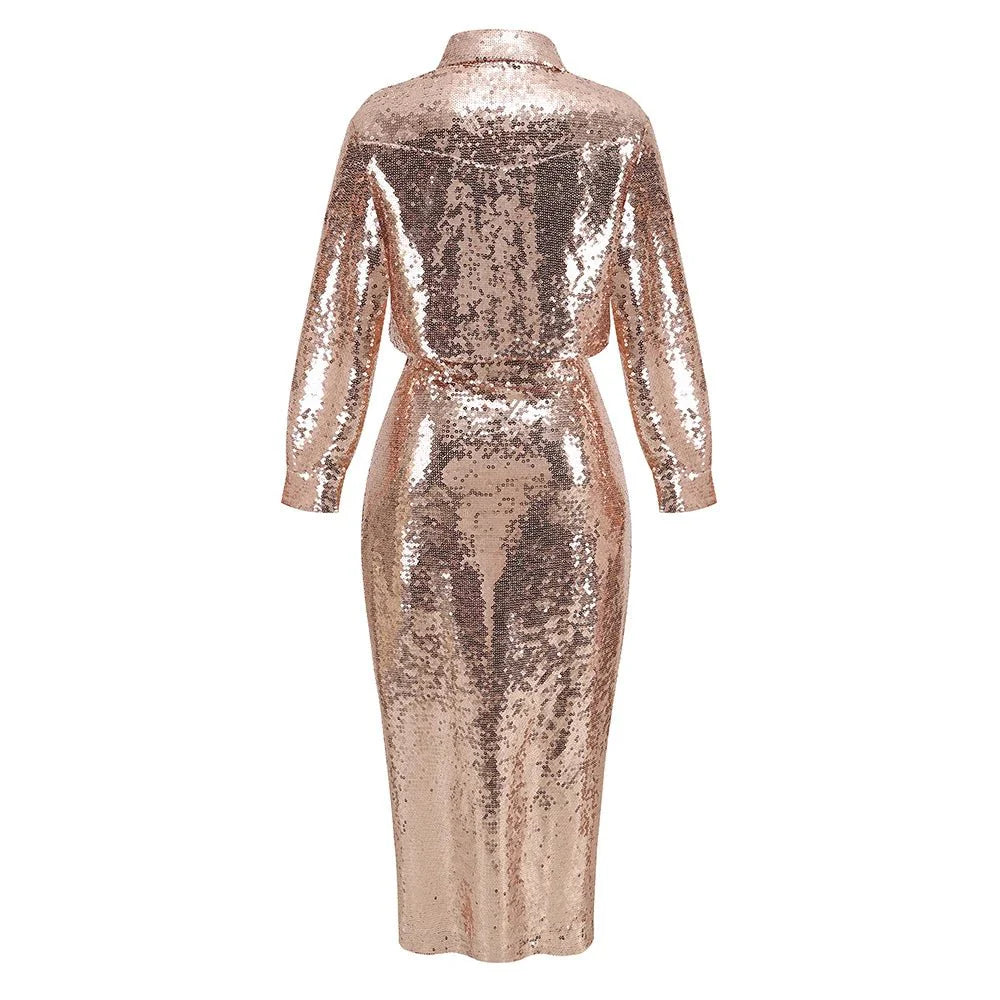 Gold High Slit Sequined Top+Skirt Set