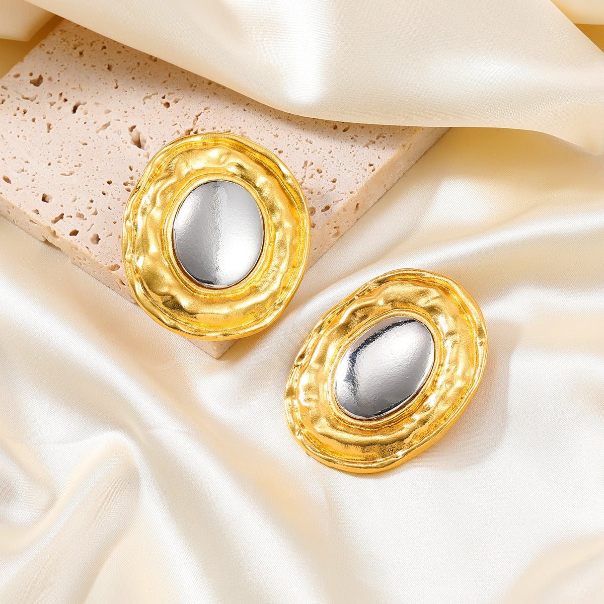 Gold Silver Oval Stud Earrings