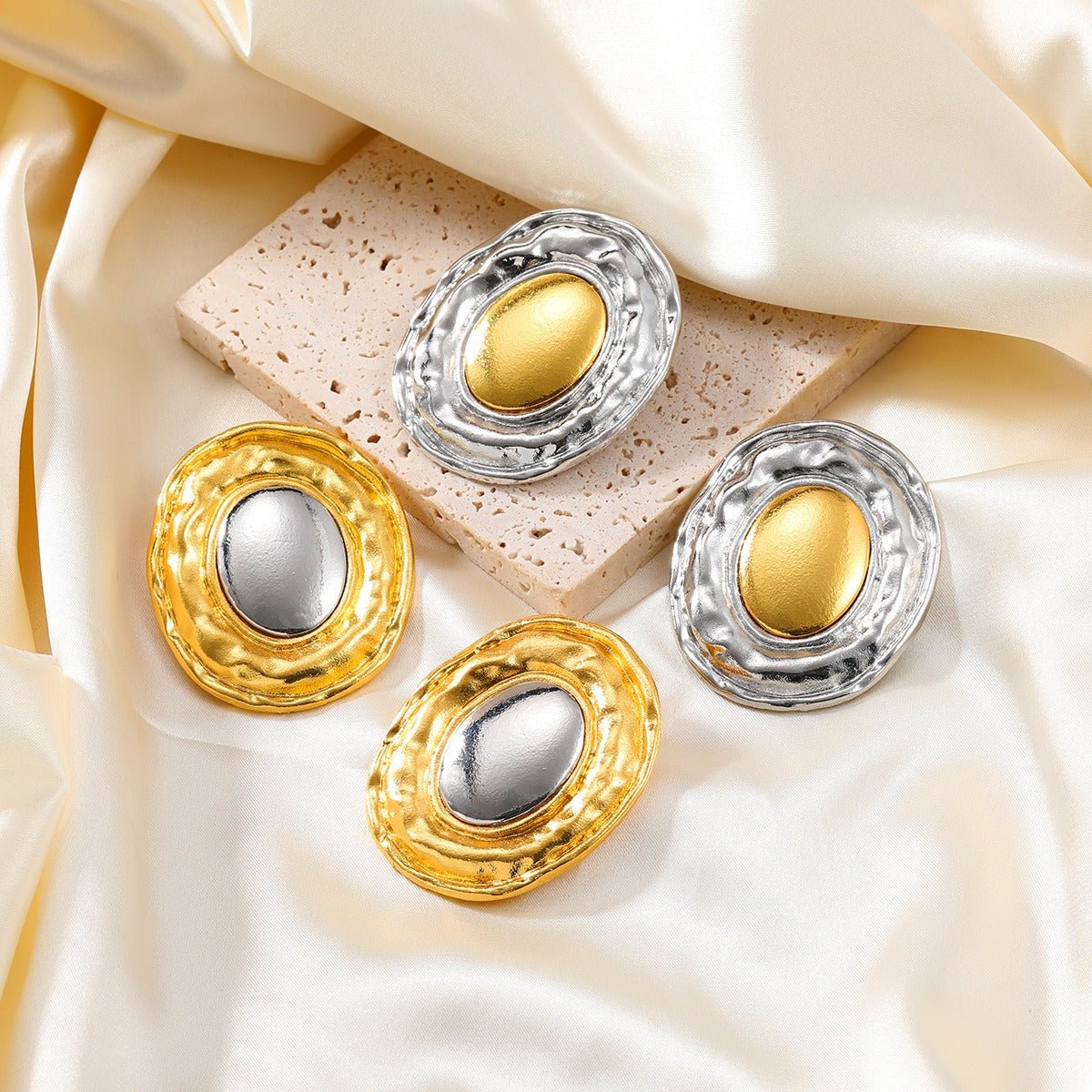 Gold Silver Oval Stud Earrings