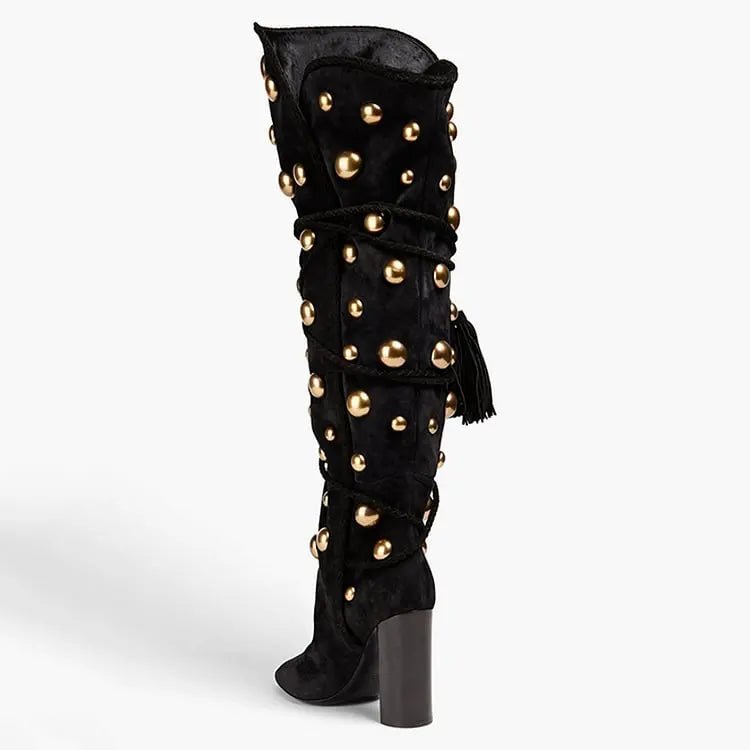 Gold Studded Tasseled Knee Boots