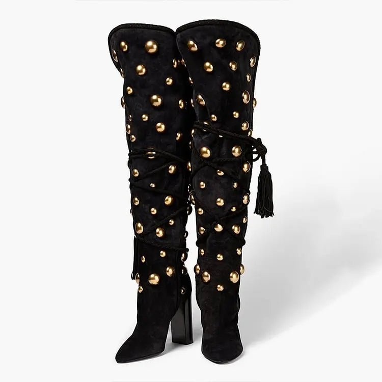 Gold Studded Tasseled Knee Boots