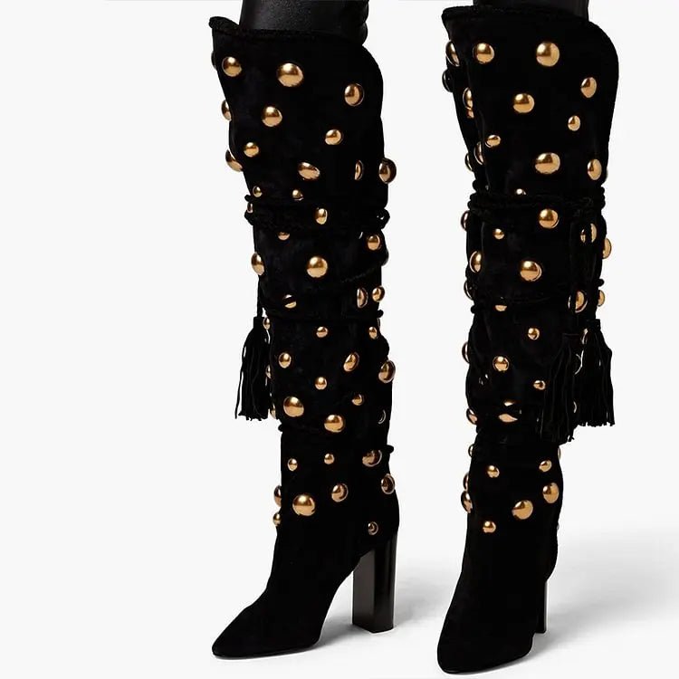 Gold Studded Tasseled Knee Boots