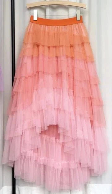 Gradient Tulle Ruffled Maxi Skirt