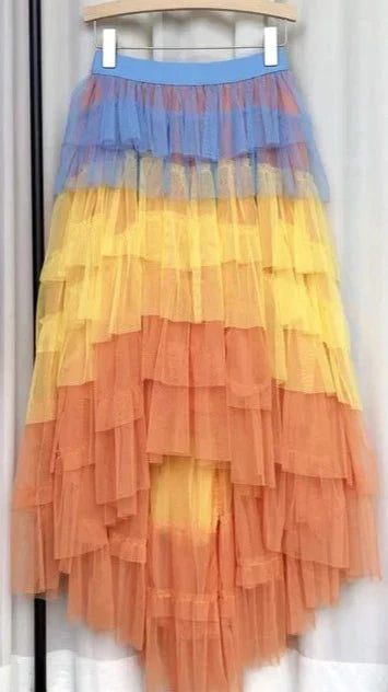 Gradient Tulle Ruffled Maxi Skirt