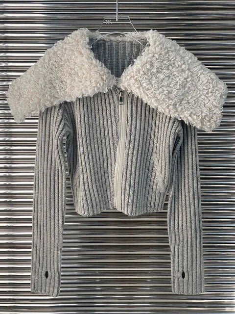Gray Woolen Collar Knit Sweater