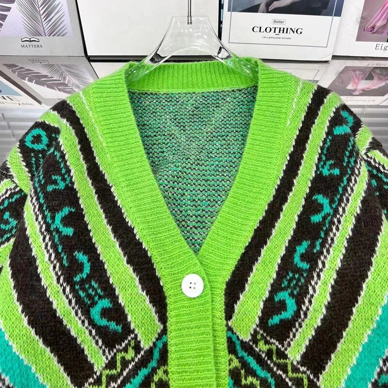 Green Loose Fit Knit Cardigan