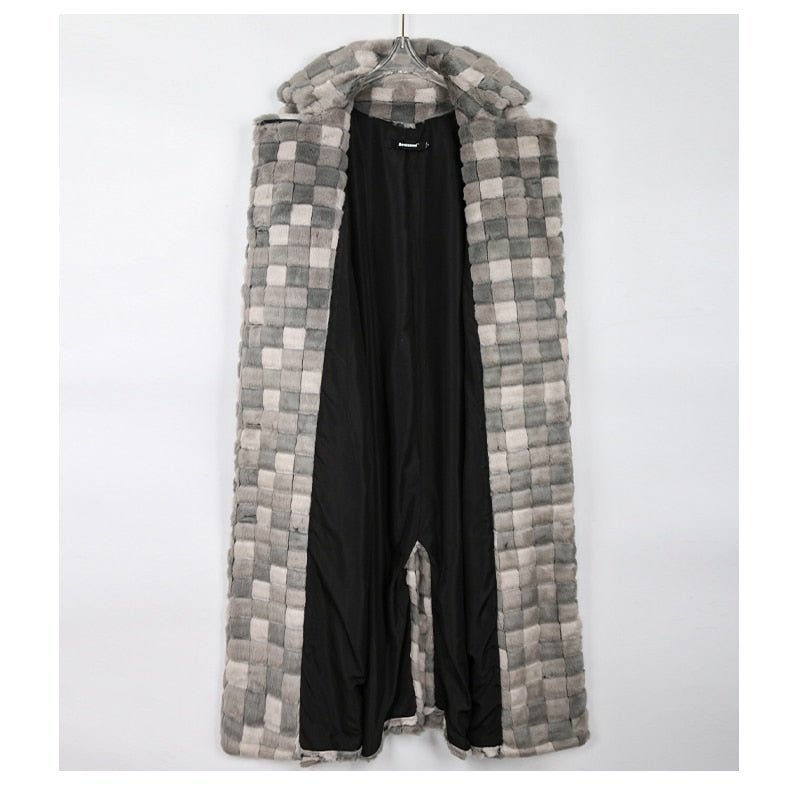 Grey Checkered Faux Fur Coat