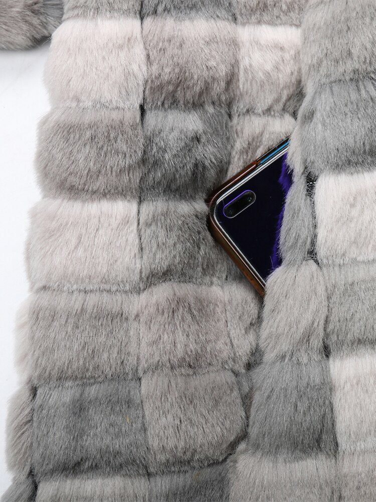 Grey Checkered Faux Fur Coat