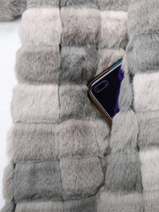Grey Checkered Faux Fur Coat