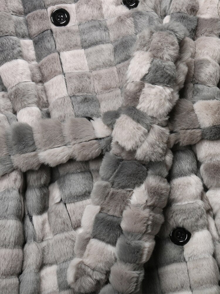 Grey Checkered Faux Fur Coat