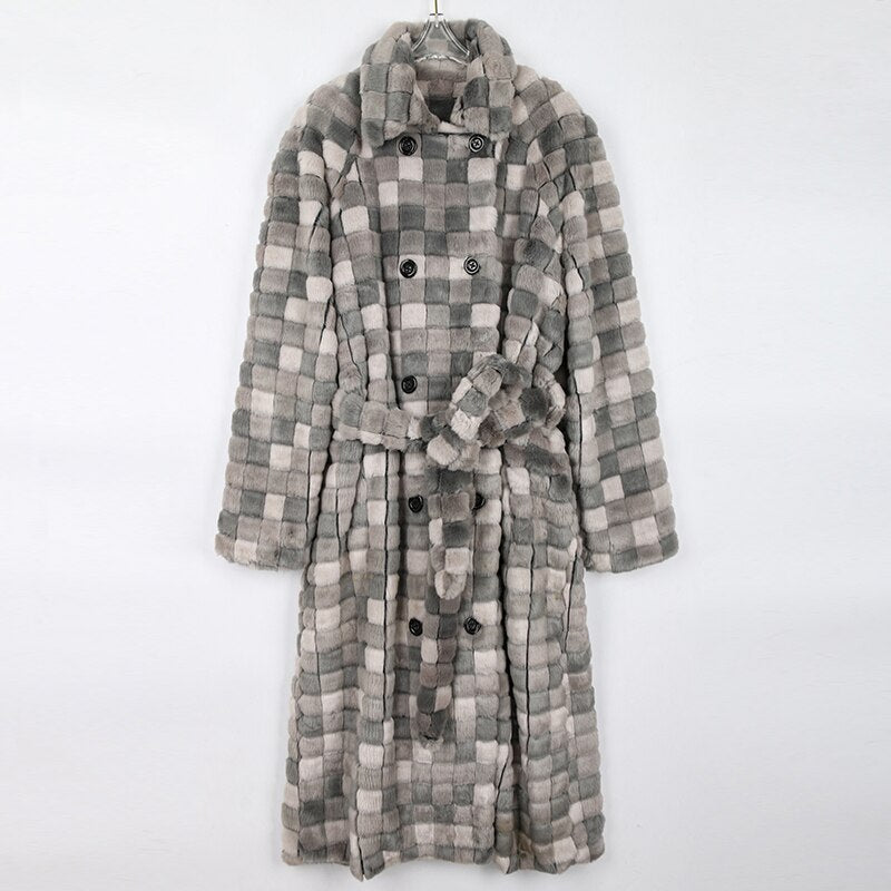 Grey Checkered Faux Fur Coat