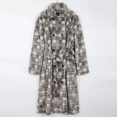 Grey Checkered Faux Fur Coat