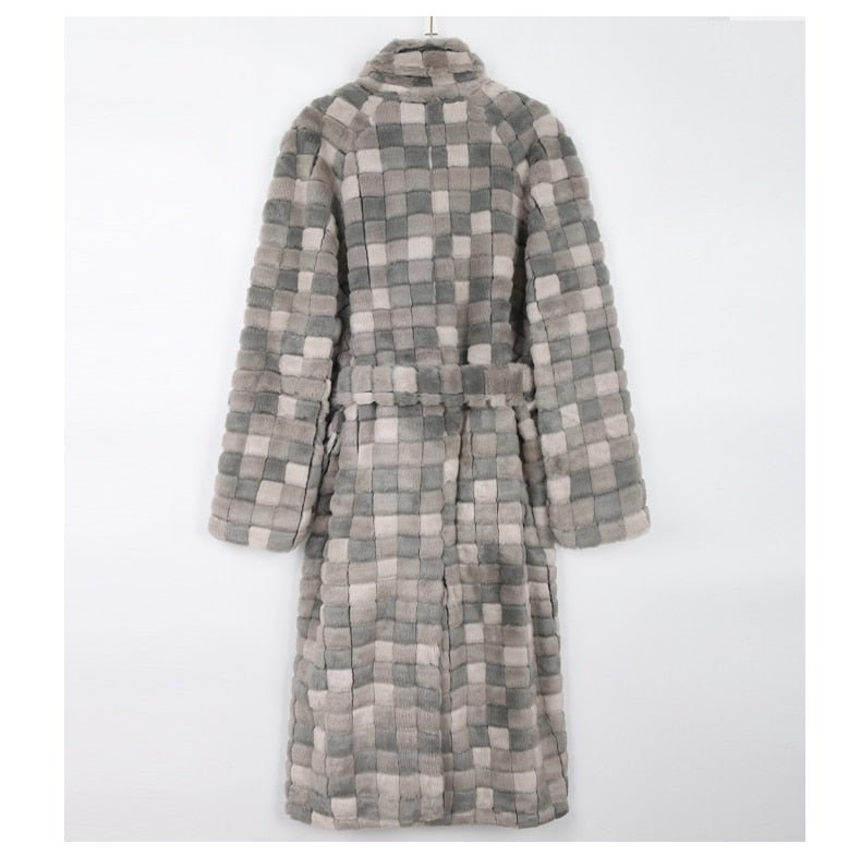 Grey Checkered Faux Fur Coat