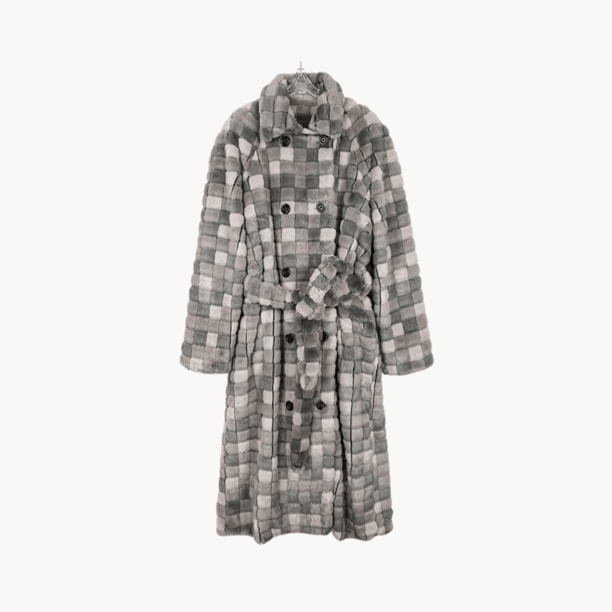 Grey Checkered Faux Fur Coat