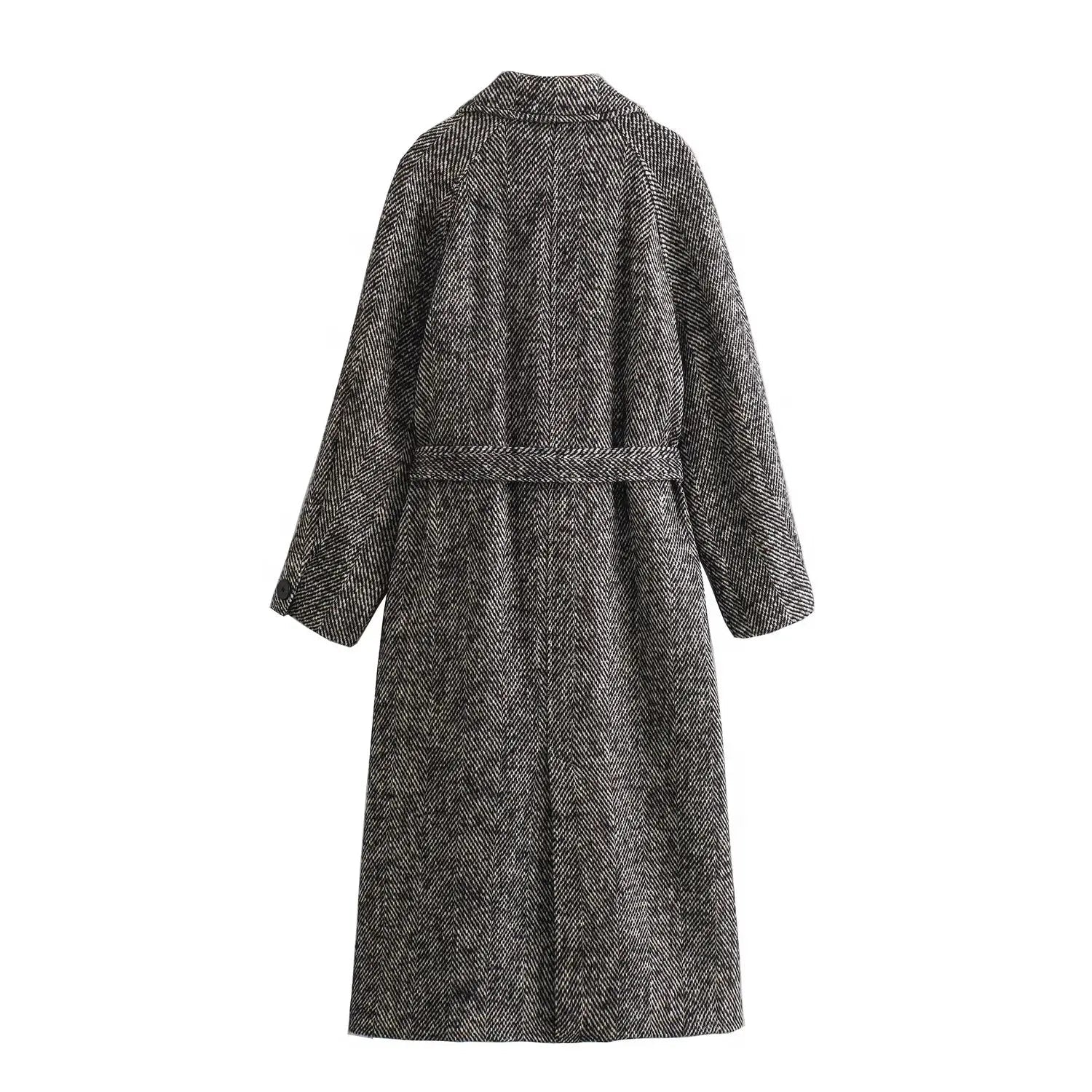 Herringbone Long Sleeves Belt Coat