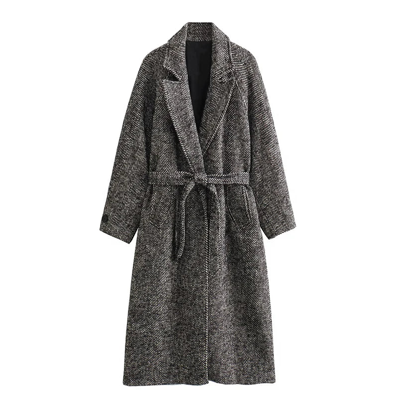 Herringbone Long Sleeves Belt Coat