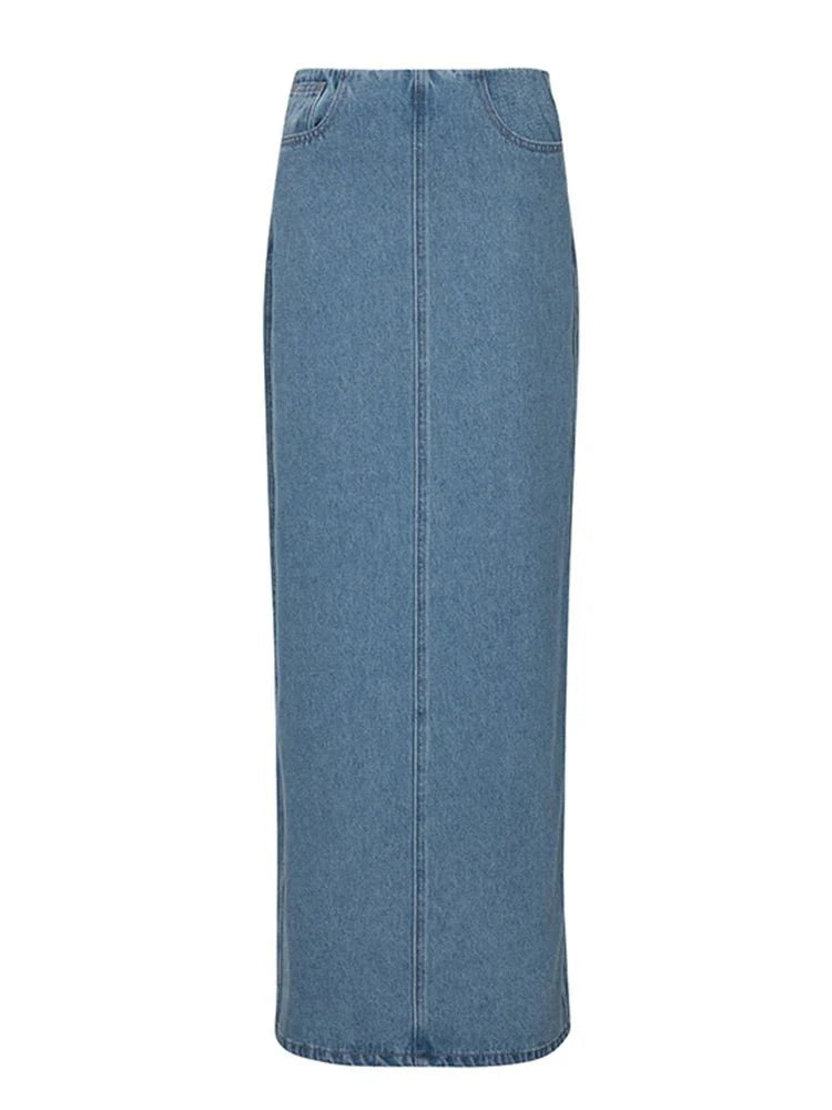 High Back Slit Denim Maxi Skirt