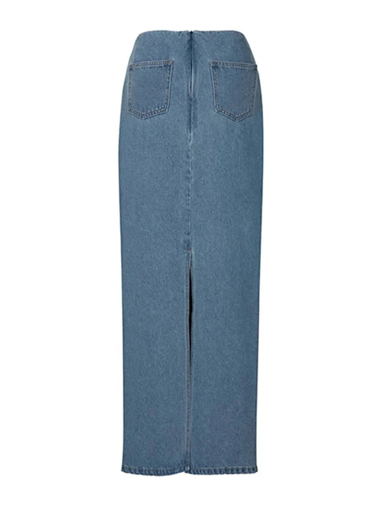 High Back Slit Denim Maxi Skirt