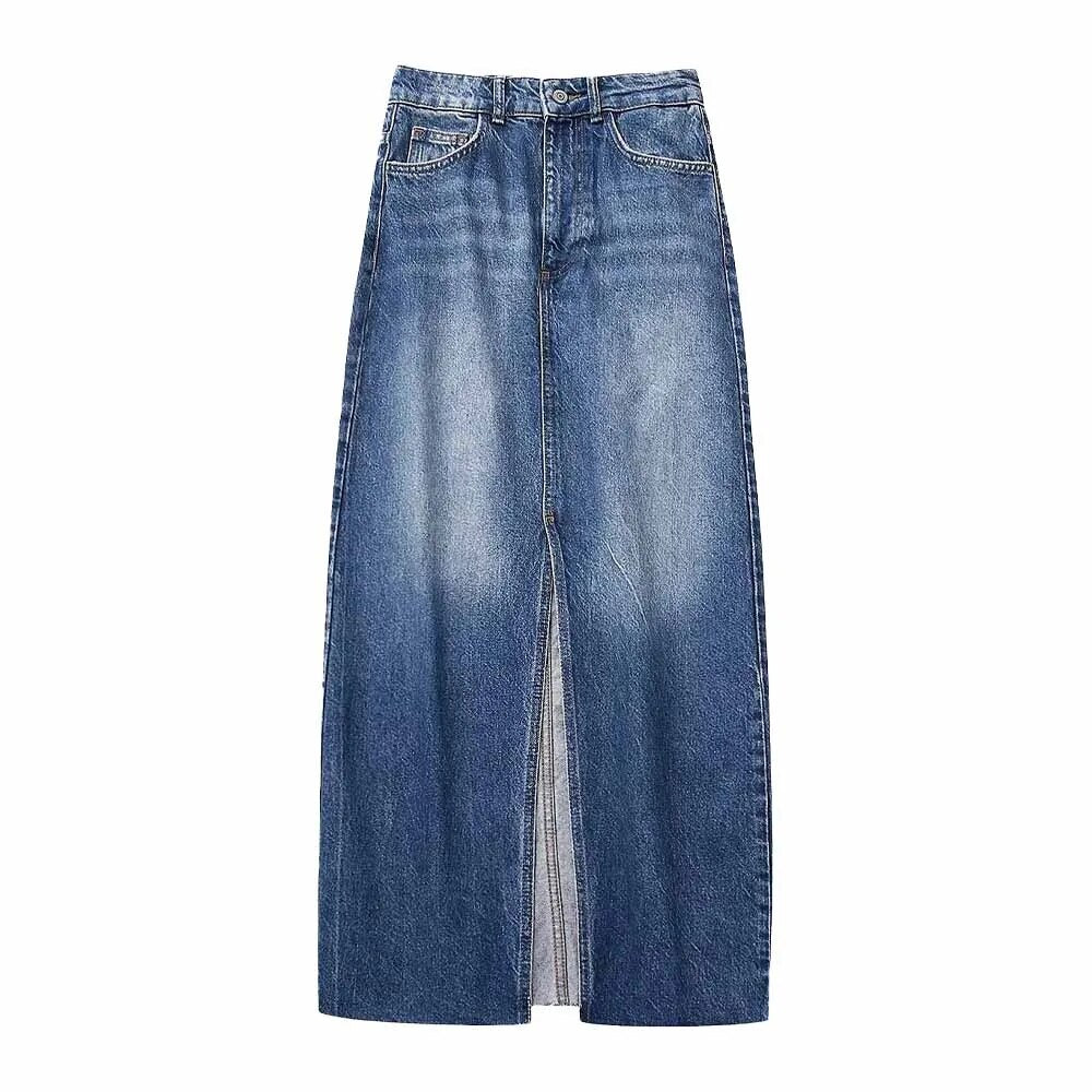 High Front Slit Denim Skirt