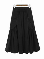 High Waist Cargo Pockets Mid-calf Skirt