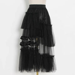 High Waist Mesh Asymmetrical Hem Skirt