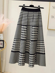 Houndstooth Grids Knit Midi Skirt