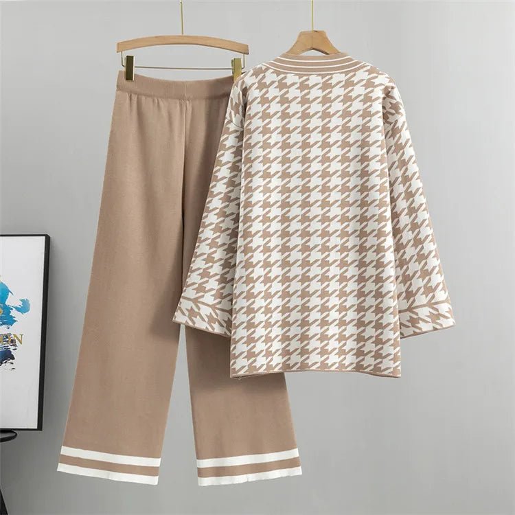 Houndstooth Knitted Cardigan Pants Set