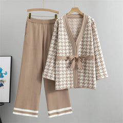 Houndstooth Knitted Cardigan Pants Set