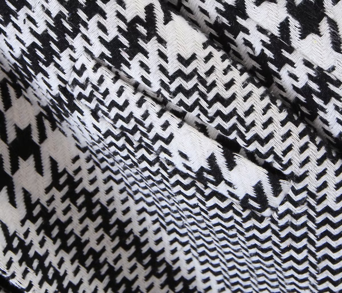 Houndstooth Plaid Mid-Length Coat