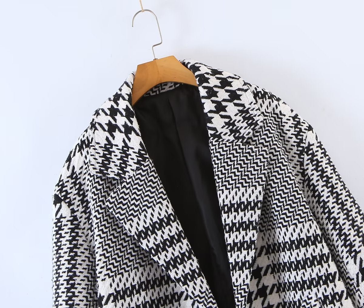 Houndstooth Plaid Mid-Length Coat