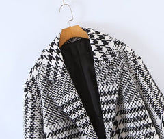 Houndstooth Plaid Mid-Length Coat