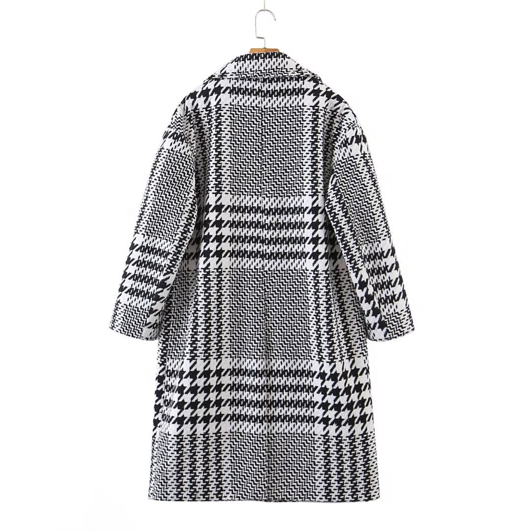 Houndstooth Plaid Mid-Length Coat