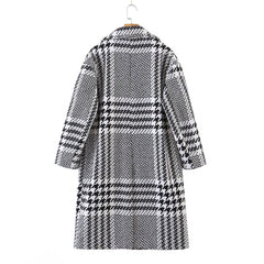 Houndstooth Plaid Mid-Length Coat