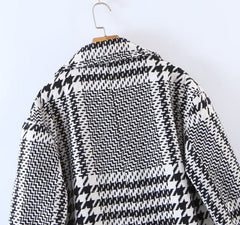 Houndstooth Plaid Mid-Length Coat