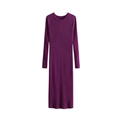 Solid Pleated Round Neck Woolen Knitted Dress