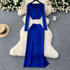 Slim Fit Square Neck Knitted Top + Hip Hugging Slit Skirt