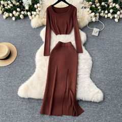 Slim Fit Square Neck Knitted Top + Hip Hugging Slit Skirt