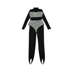 Three-Piece High Waist Diamond Studded Bandage Jumpsuit Set