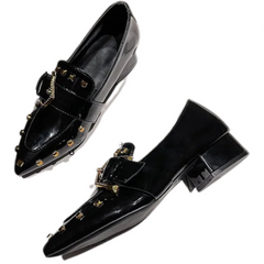 Retro Pointed Toe Rivet Thick Heel Loafers
