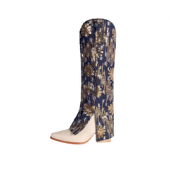 Pointed Toe Chunky Heel Sequined Denim Leg Boots